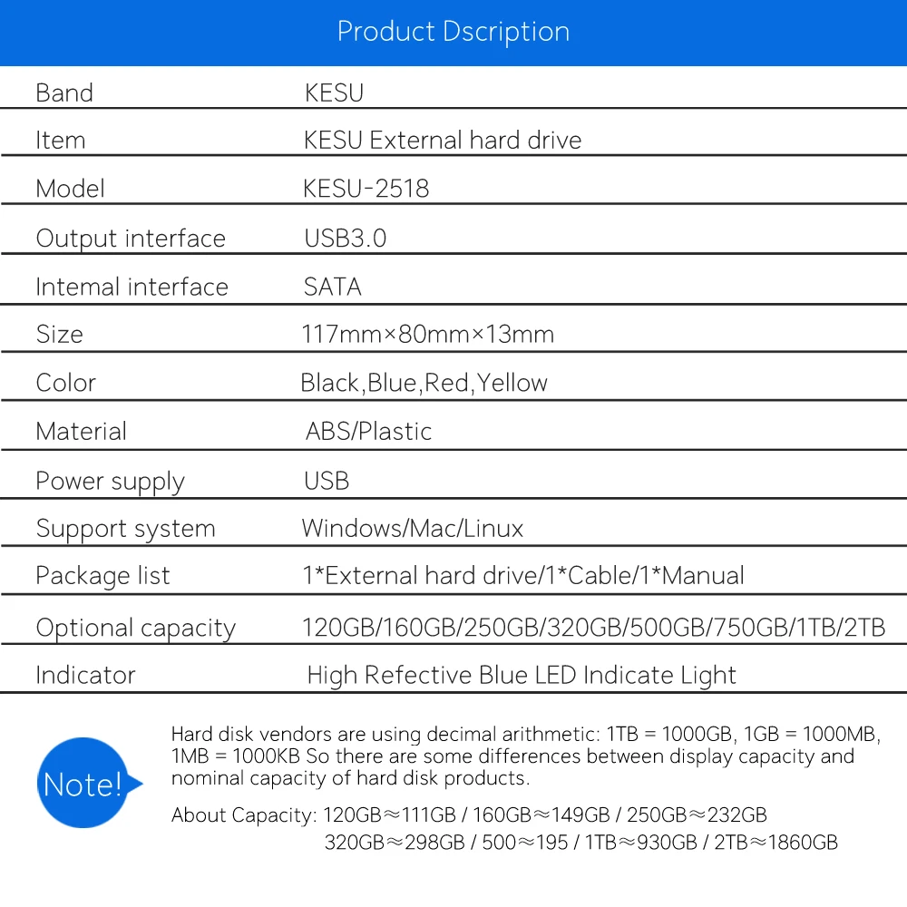 KESU 2," портативный внешний жесткий диск 500GB 640GB 750GB ТБ 2T USB3.0 HDD Externo HD Disco жесткий диск для рабочего стола/ноутбука