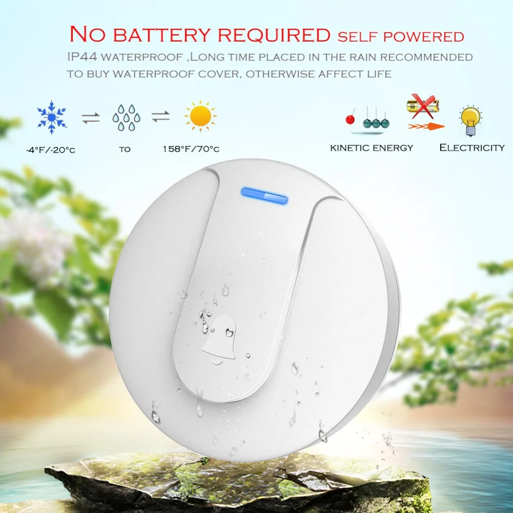 SMATRUL self powered New Waterproof Wireless Doorbell EU Plug 150M Remote smart Door Bell Chime ring  1 2 button 1 2 3 receiver no battery Deaf Gorgeous lighting black 3 white