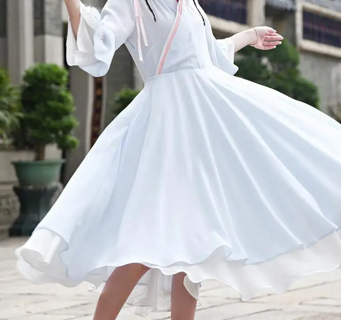 Летнее народное повседневное женское платье улучшенное для китайской одежды хан Винтаж крест воротник двойное платье расширение Han элемент платье