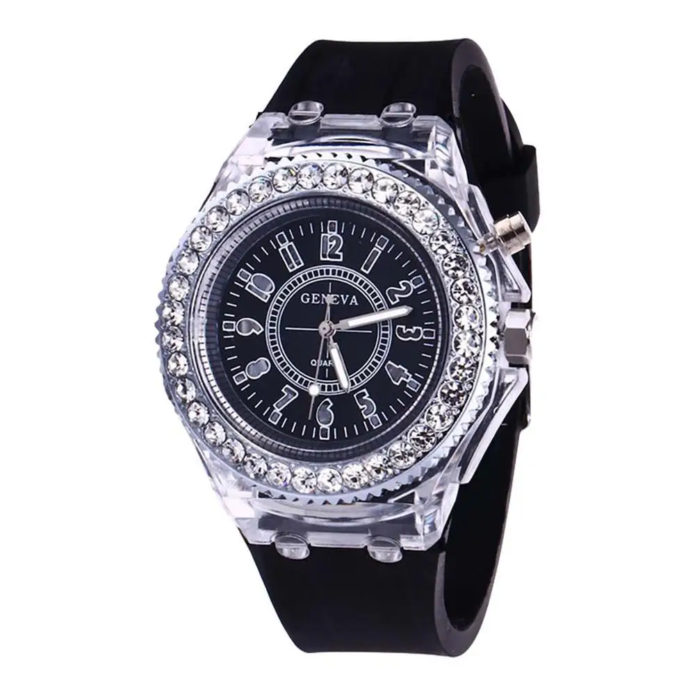 Лучшие модные прозрачные нейтральные Кварцевые Светящиеся женские часы высокого качества роскошные стразы женские часы Clcok Reloj Mujer# B - Цвет: Черный