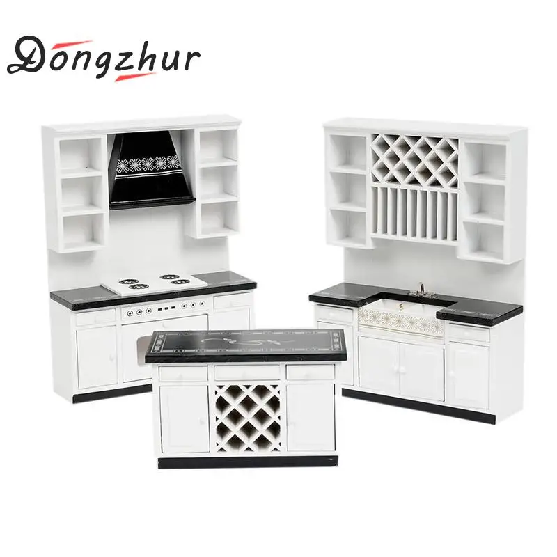 Dongzhur Black And White Kitchen Cabinets Stove Kit Dollhouse Miniatures 1:12 Accessories Doll House Mini House Model Toy House