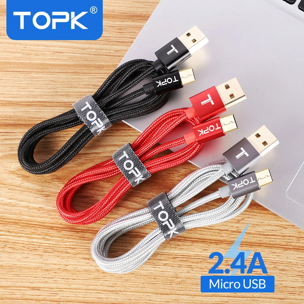 TOPK Micro USB кабель с нейлоновой оплеткой, провод с металлической вилкой, кабель для синхронизации данных и зарядки, кабель для зарядки Microusb для samsung, Xiaomi, huawei, htc