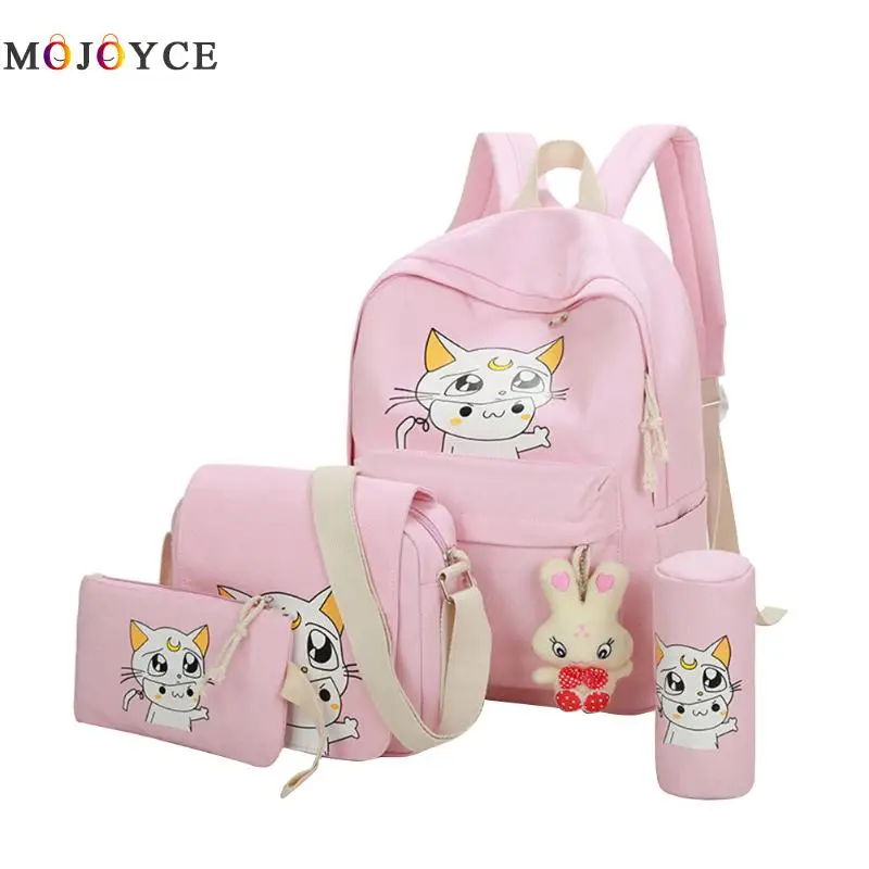 

4pcs Japan Style Cartoon Cat Printing Backpack Teenagers Girls Students Middle High School Backpack Mochila Feminina Black Blue