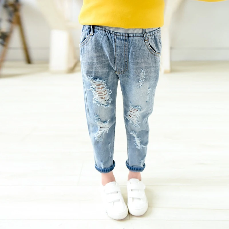 Модные детские джинсы, рваные джинсы для мальчиков и девочек, стильные модные джинсовые штаны, хлопковые брюки для маленьких мальчиков и девочек, джинсы DC069