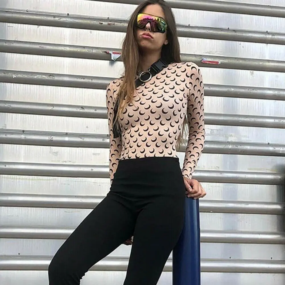 

2019 Summer Women Transparent Lace Hollow Mesh Net T-Shirt Long Sleeve Moon Print Harajuku Tee Tops tshirt Women Ladies Club
