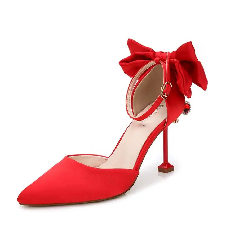 Женская обувь со стразами и бантиком-бабочкой; свадебные туфли на высоком каблуке с острым носком; женские туфли-лодочки; женская обувь; escarpins Femme; - Цвет: Красный