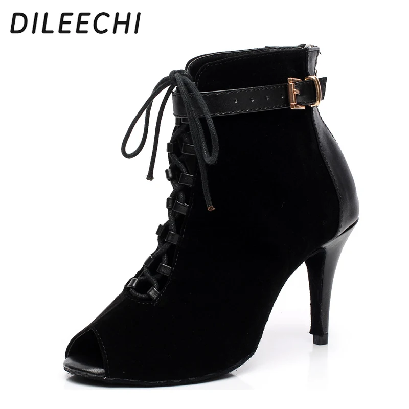 women's Black Purple velvet Genuine leather Latin dance boots high heels Party Spot zipper on back shoes dance shoes