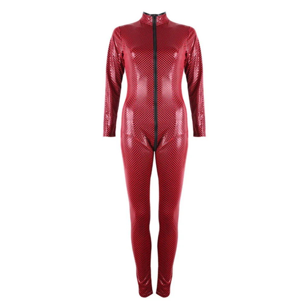Sexy Lingerie Bodysuit Sexy Ladies Japanned Leather Tights Front Crotch Two Ways Zipper Jumpsuit Costumes 