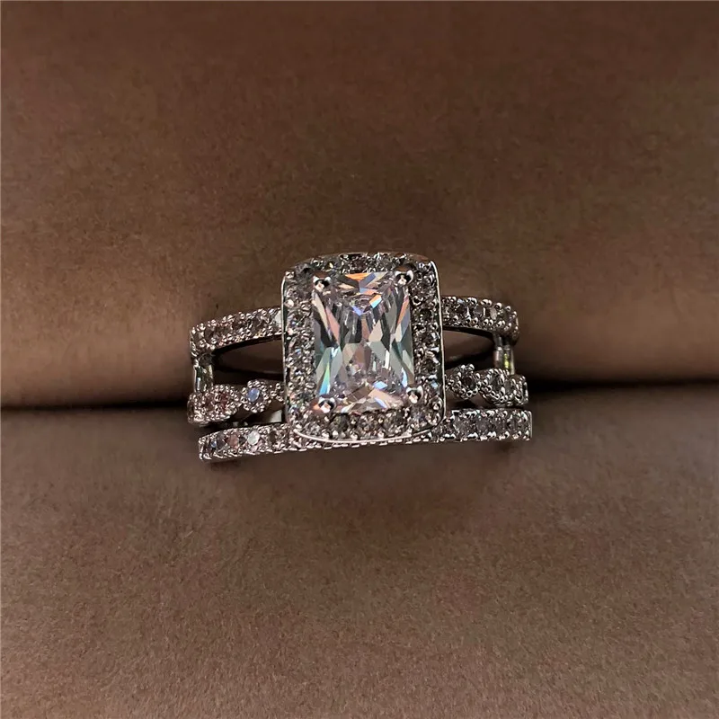 

Luxury Female Crystal White Geometric Ring Set 925 Silver Zircon Stone Wedding Rings For Women Fashion Bridal Engagement Ring