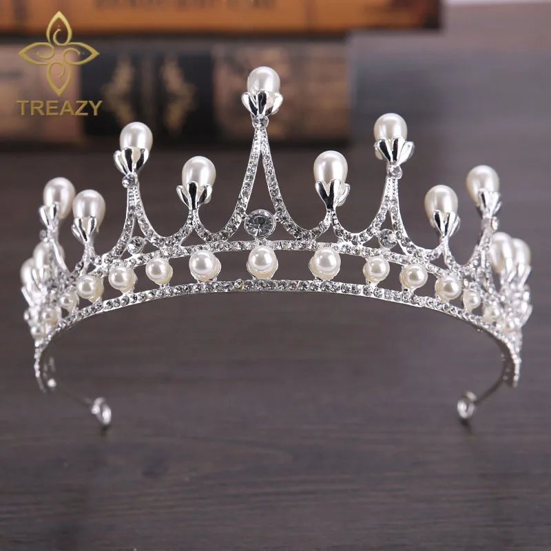 

TREAZY Top Quality Pearl Crystal Bridal Crown Tiara Gorgeous Rhinestone Wedding Hair Accessories Jewelry for Quinceanera Pageant