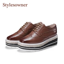 Stylesowner/Женская обувь на плоской платформе; винтажная кожаная обувь на шнуровке с соломенной подошвой; туфли с глубоким носком; цвет коричневый, черный