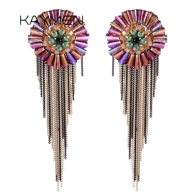 

Handmade Crystals Circle and Chains Tassels Statement Earrings for Women Fashionable Bohemia Style Dangle Drop Earrings