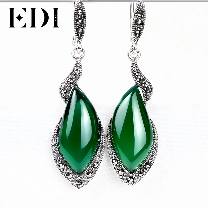 

EDI Retro 925 Silver Earrings Women Garnet Drop Earring Green Chalcedony Gems Long Earrings Charm Jewelry For Women