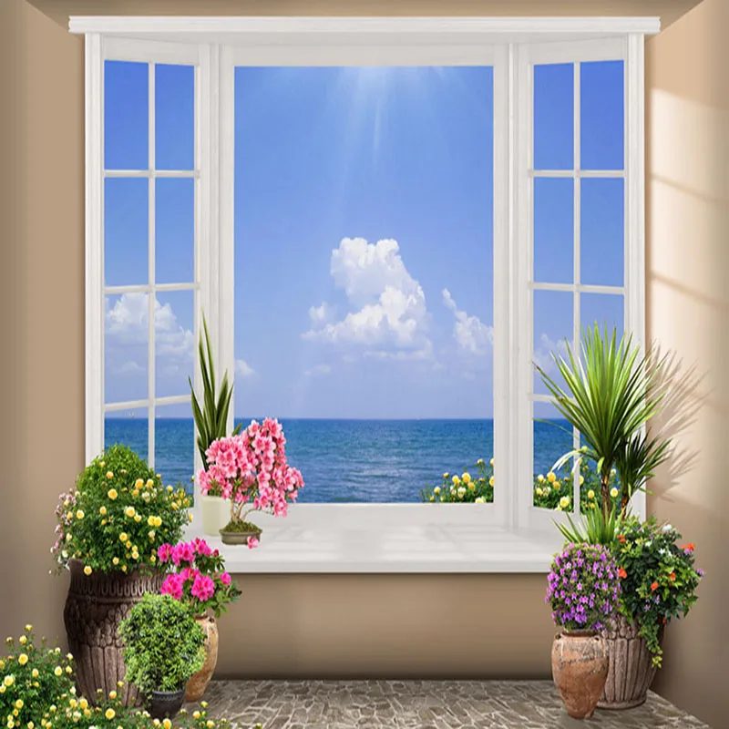 Custom Wall Cloth 3D Window Seaside Landscape Photo Murals Wallpaper Living Room TV Sofa Bedroom Home Decor Papel De Parede 3 D