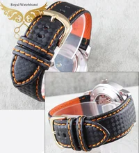 New Arrival!!! 22 Watch Band Waterproof Carbon Fibre Strap with Orange Stitching Leather Lining Stainless Steel Clasp