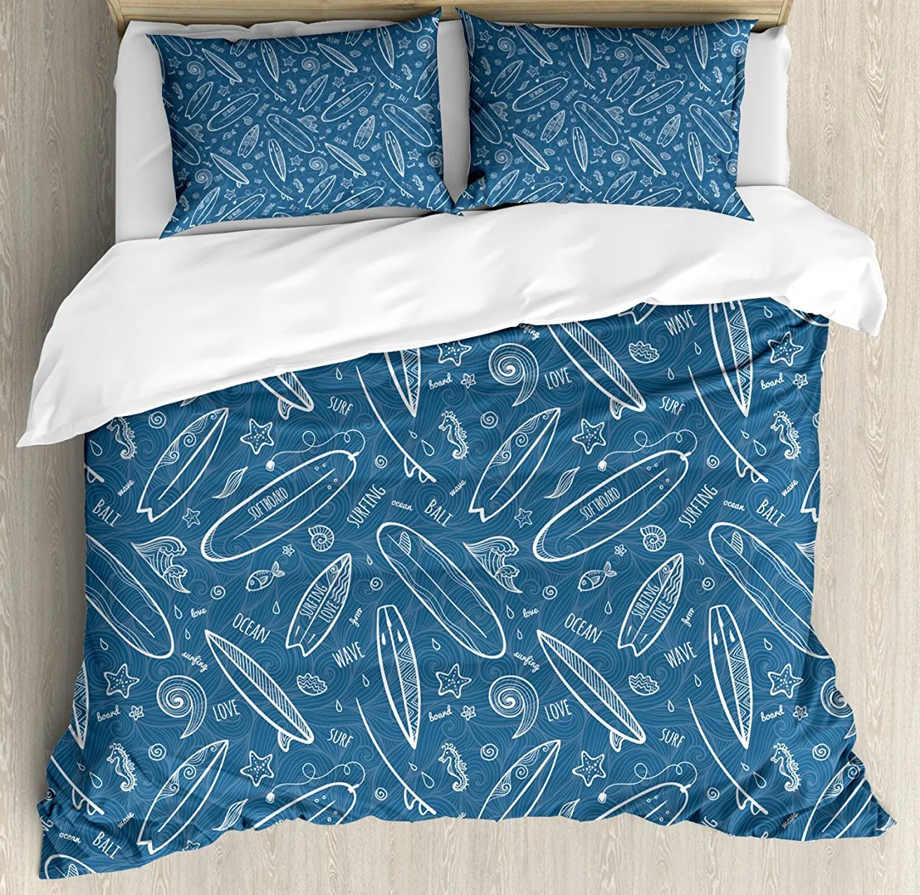 

Surfboard Duvet Cover Set Blue Waters Oceanic Elements Waves Swirls Doodle White Outlines Hobby Fun Times Decorative Bedding Set