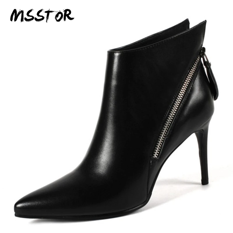 

MSSTOR Zipper Stiletto Fashion High Heels Boots Plus Size Sexy Pointed Toe Office Winter Women Boots 2018 Thin Heels Ankle Boots