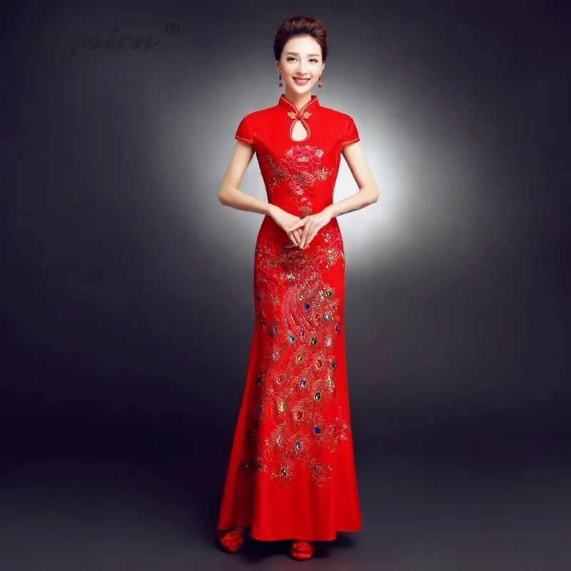 

New Red Embroidery Long Cheongsam Chinoise Sequins Mermaid Evening Dresses Qi Pao Women Chinese Traditional Wedding Dress Qipao