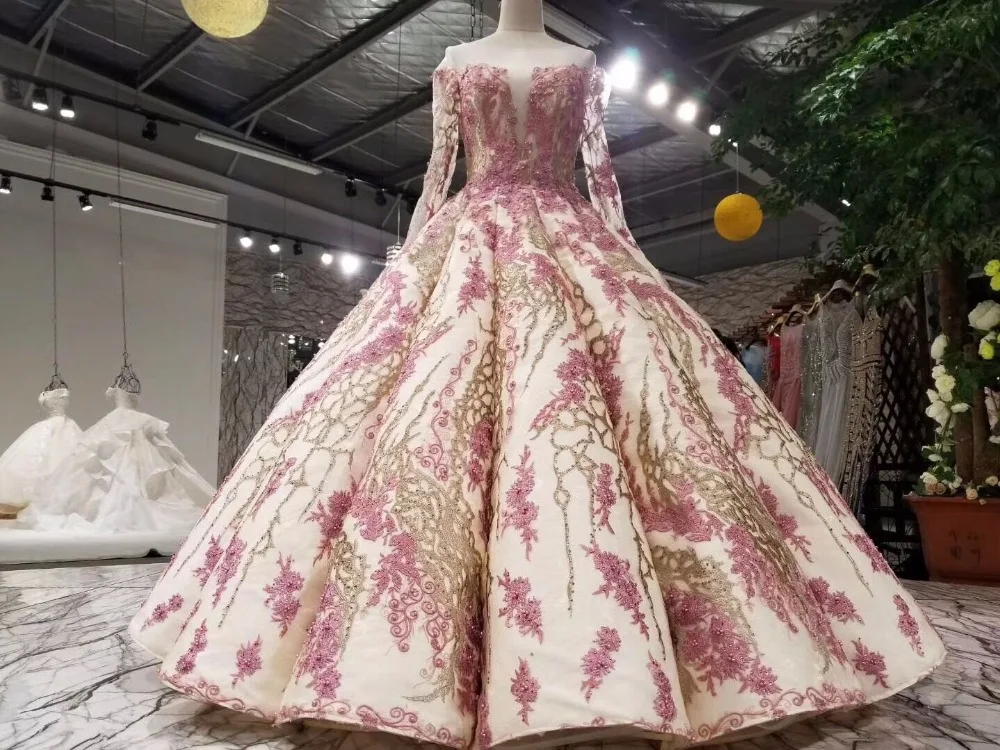 CloverBridal высокое качество обнаженная атласная розовая Золотая кружевная vestido 15 anos vestido quinceanera длинные платья бальное платье с длинными рукавами