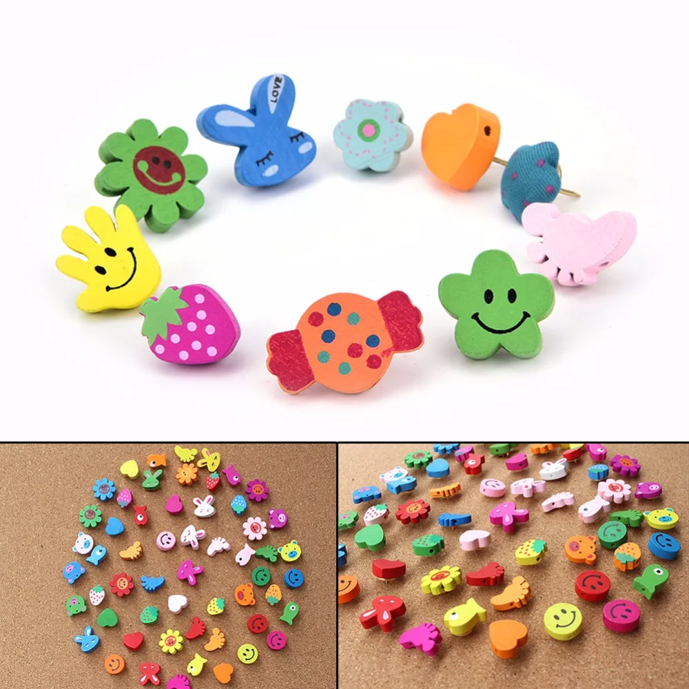 50pcs/lot Office Thumbtacks Push Pins Multi-Coloured Cartoon Shape Map Photos Wooden Pin Board Cork Office & School Supplies New