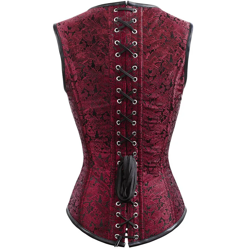 Steampunk Corsets and Bustiers Wine Red Sexy Brocade Adjustable Buckle Straps Vest Gothic Waist Corset 12 Steel Boned Corpet (3)
