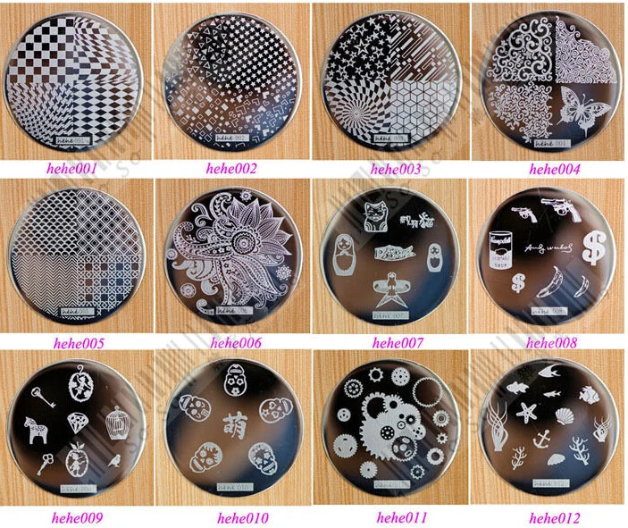 

#GN017 2015 NEW ARRIVAL-hehe01-36 dia 5.6cm 10 Pcs Nail Art Stamping Image Metal Plates Kit Set 70 Mixed Designs with Stamp
