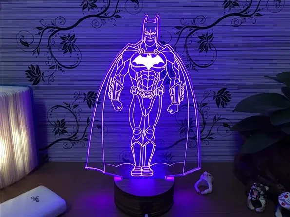 Железный человек, светильник Бэтмен, Marvel, Мстители, 3D ночник, светильник супергероя, USB+ деревянная основа+ 5 цветов, меняющихся
