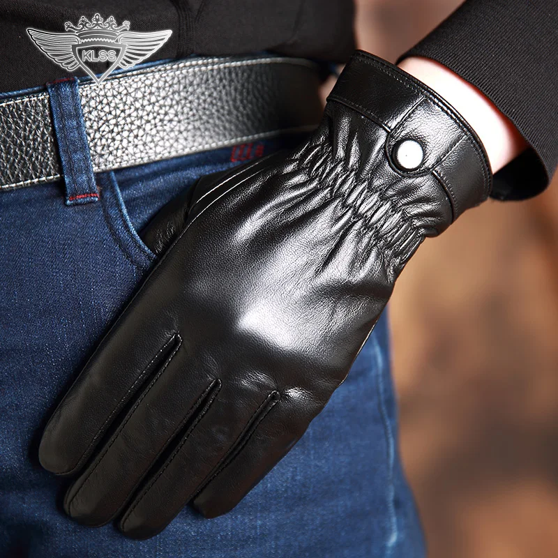 KLSS Брендовые мужские перчатки из натуральной кожи высокого качества перчатки из козьей кожи зимние плюс теплые бархатные черные перчатки для вождения из овечьей кожи J60