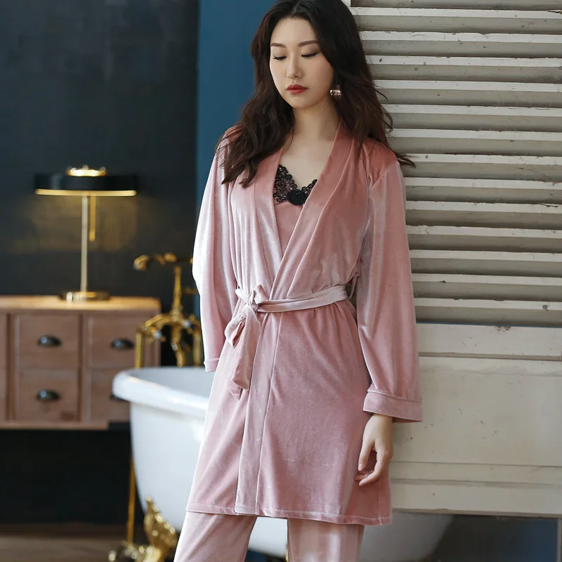 

MECHCITIZ Ladies Winter Autumn Pajamas Set Velvet Nightwear Sleepwear Long Sleeve Pyjama Set 3 Pieces V-neck Homewear For Women