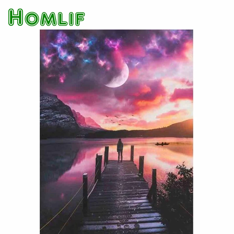 HOMLIF Алмазная картина Полная площадь алмазная вышивка закат Wharf настенные