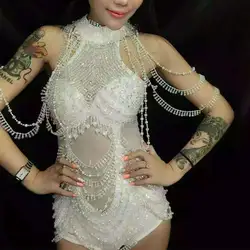 Белые кристаллы кисточкой сексуальный женский костюм платье для выступлений ночного клуба Джаз-бар шоу этап DJ производительность звезда