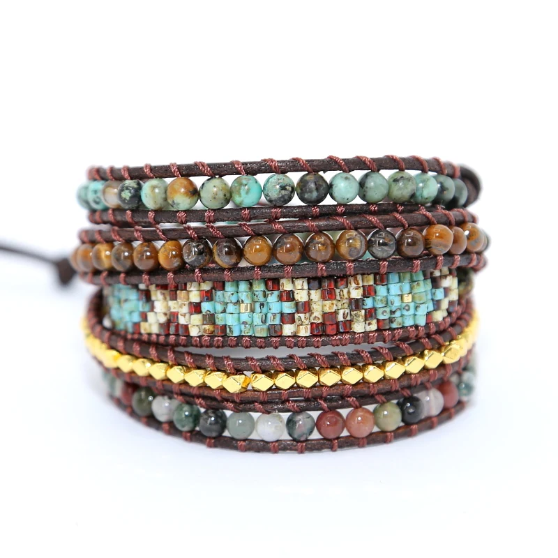 

Vintage Handmade Seed Beads Bracelet Gold Beads Bohemia Leather Bracelets for Women Weaving Wrap Bracelets jewelry