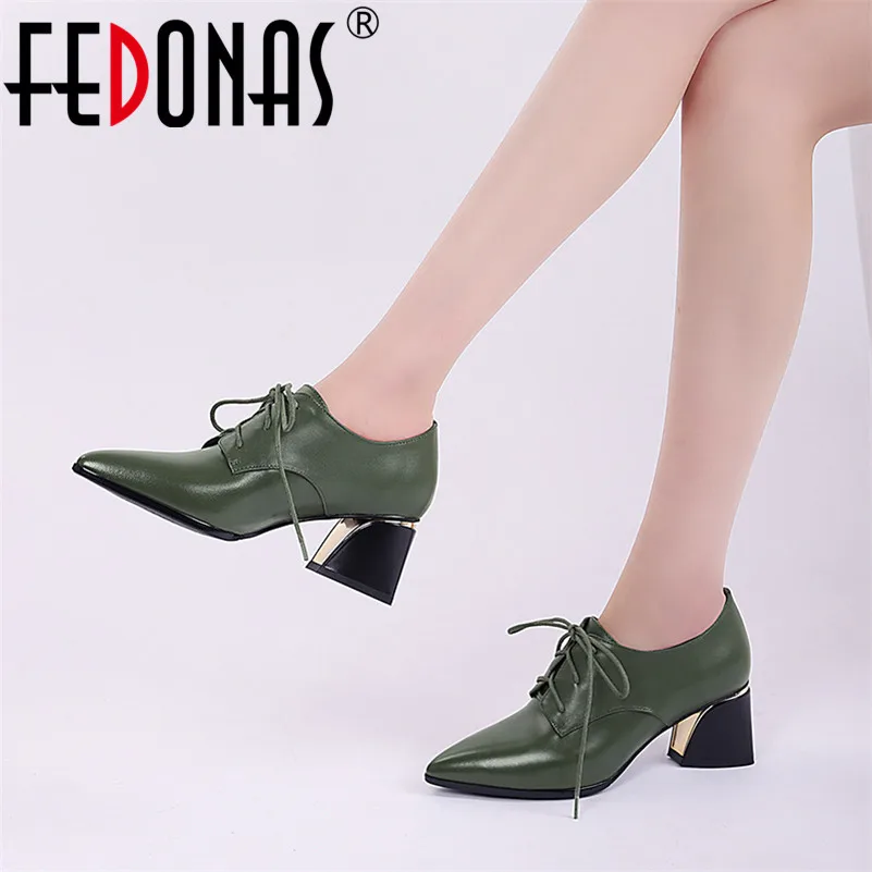 

FEDONAS New Fashion High Heels Pumps Genuine Leather Pointed Toe Party Night Club Shoes Woman Leather Lace Up Office Pumps