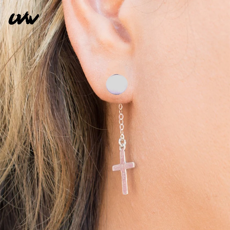 

UVW030 2pc Trendy Punk Surgical Steel Barbell Long Chain Cross Dangle Earrings for Women Cool Boho Piercing Pendientes Brincos