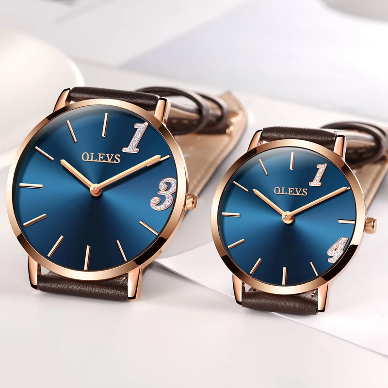 

OLEVS Ultrathin Couple Watches For Lovers Leather Strap Waterproof Wristwatches Gold Dial Quartz Business Men Women Watch Gifts