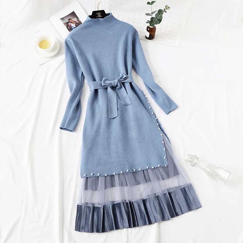 

2019 New Autumn and Winter Women's Casual Knit Dress Suit Female Pure Color Side Split Long Sweater Dress + A-line Gauze Skirt