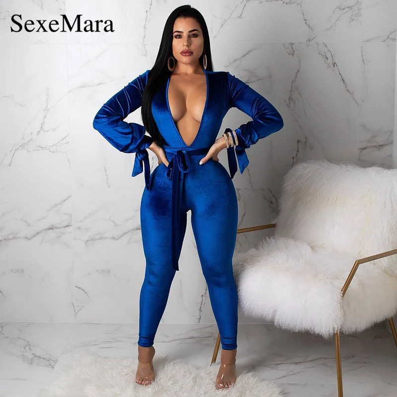 

ANJAMANOR Sexy Velvet Bodycon Jumpsuit Club Autumn Winter Long Sleeve Hollow Deep V Backless High Waist Bandage Rompers D43-AI76