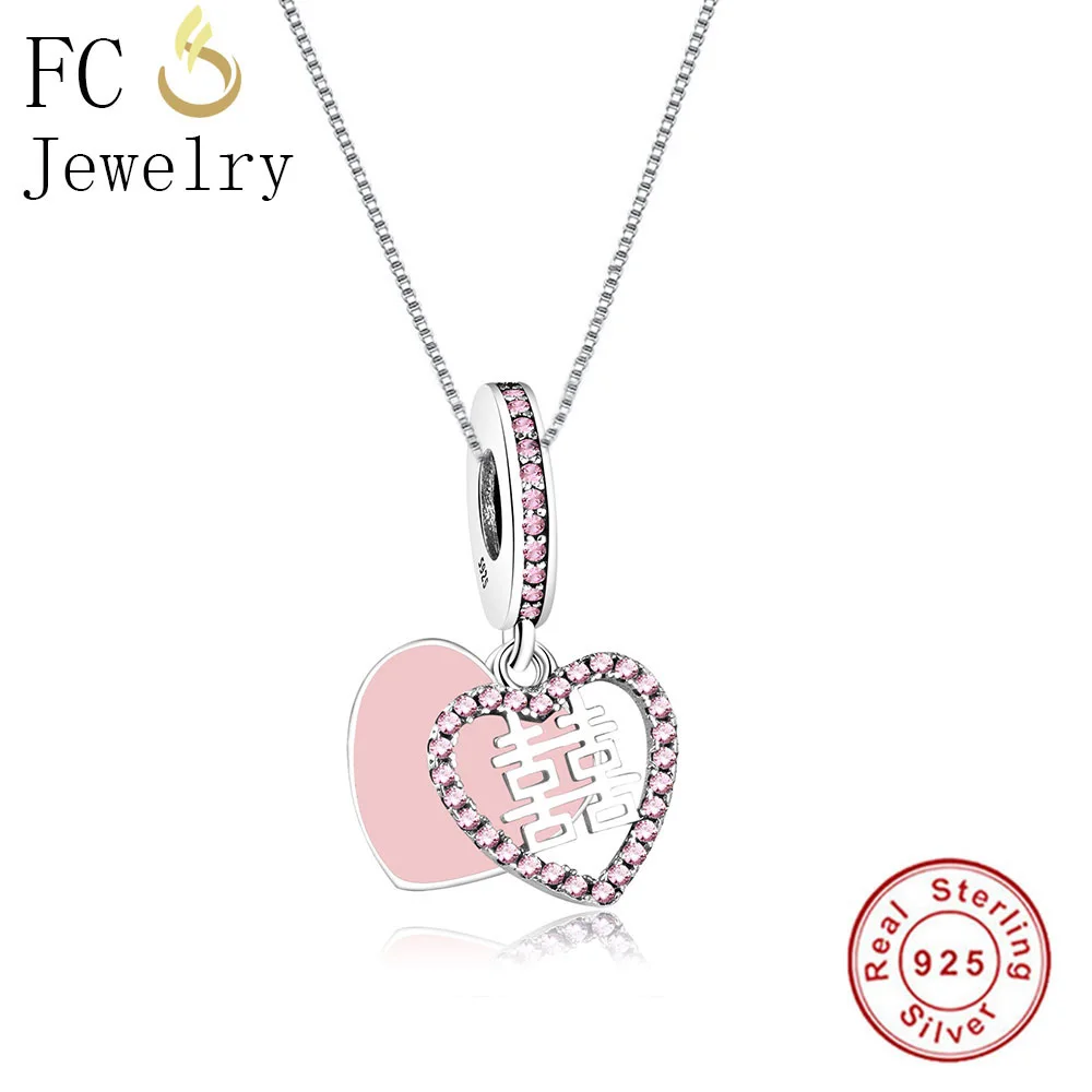 

FC Jewelry 925 Sterling Silver Enamel Pink Love CZ Crystal Pendant For Women Girl Chain Statement Necklaces Choker Trinket Gifts