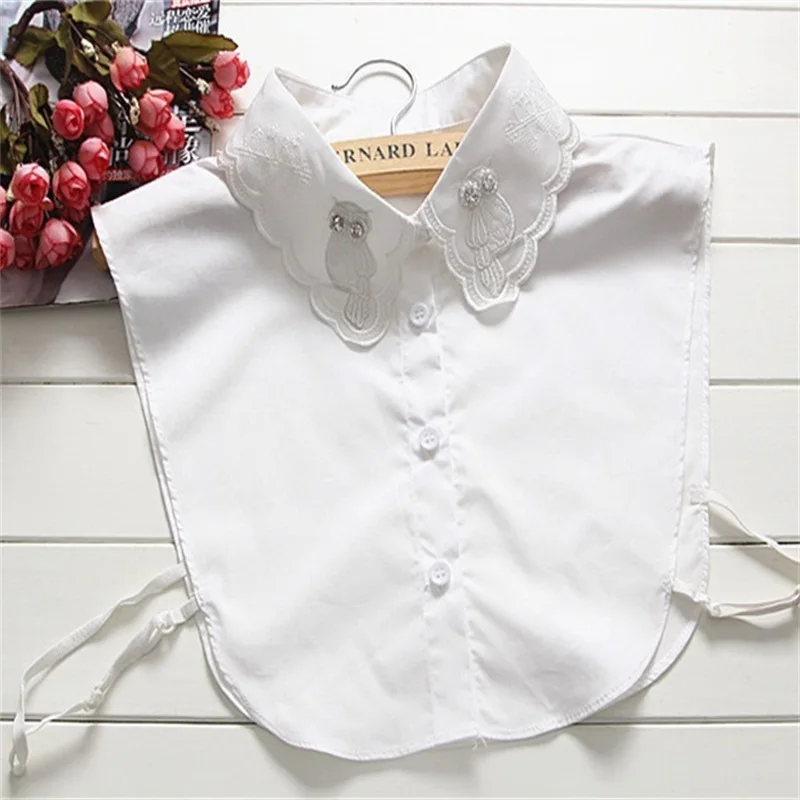 

Women Detachable Shirt Fake Collar With Owl Embroid Lapel Blouse Top Tie False Collars Lady Clothes Accessories W172
