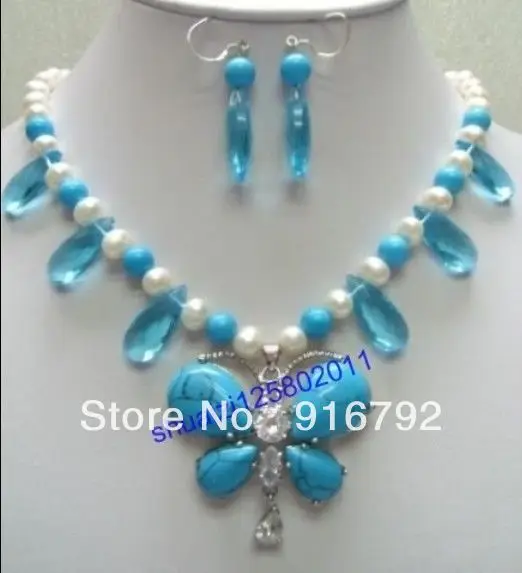 

Wholesale free shipping >>>>>Beautiful white pearl crystal Turquoise Necklace and Earring Set