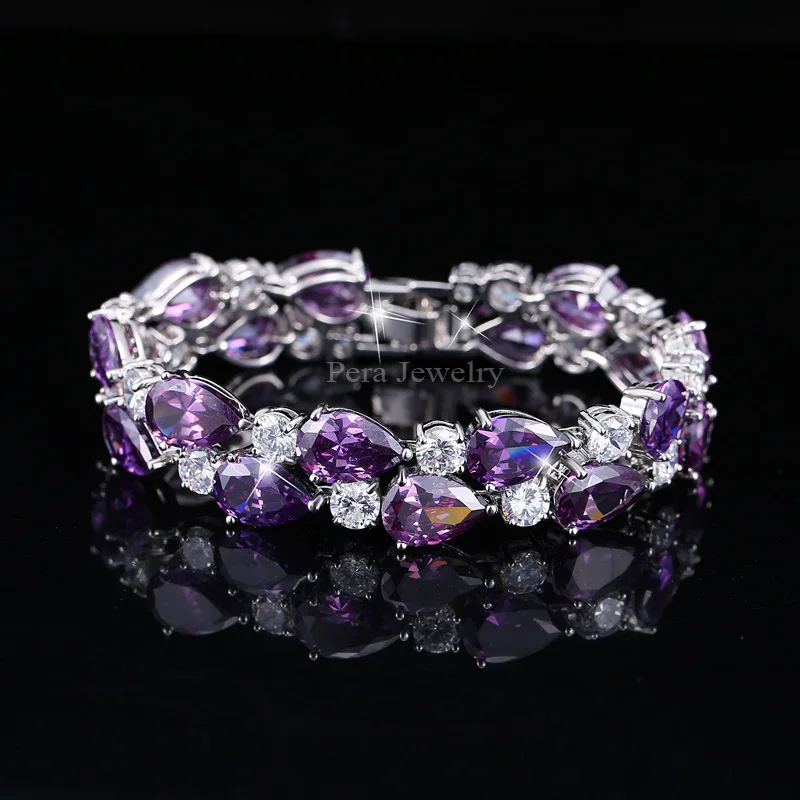 Pera 7 цветов на выбор круглые и овальные красные кубические циркониевые камни женские большие браслеты и браслеты для свадебных ювелирных изделий подарок B028 - Окраска металла: Purple