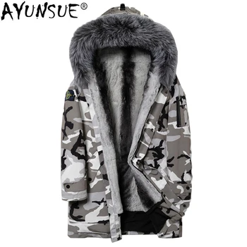 Billige AYUNSUE Parka Pelz MĂ€nner Winter Jacke Rex Kaninchen Pelz Mantel FĂŒr MĂ€nner Camouflage Parkas Chaquetas Hombre Invierno KD89006-2 KJ1101