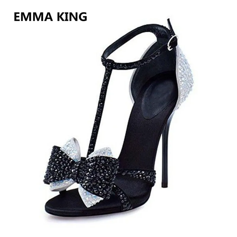 

2019 Fashion Crystal Bow-Knot Ladies Mary Janes Sandals Open Toe T-Strap Elegant Women High Heels Shoes Woman Gladiator Sandals