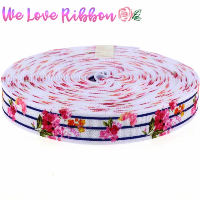 

5/8"16mm Flower Pattern Blue Stripe Printed Fold Over Elastic Ribbon DIY Party Decoration 10yards/roll MD150917-22-2196