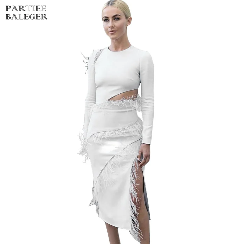 Новое поступление шикарное белое платье дизайн перо с длинными рукавами Сексуальное Сплит Клубная одежда Платье знаменитостей Бандажное платье-миди