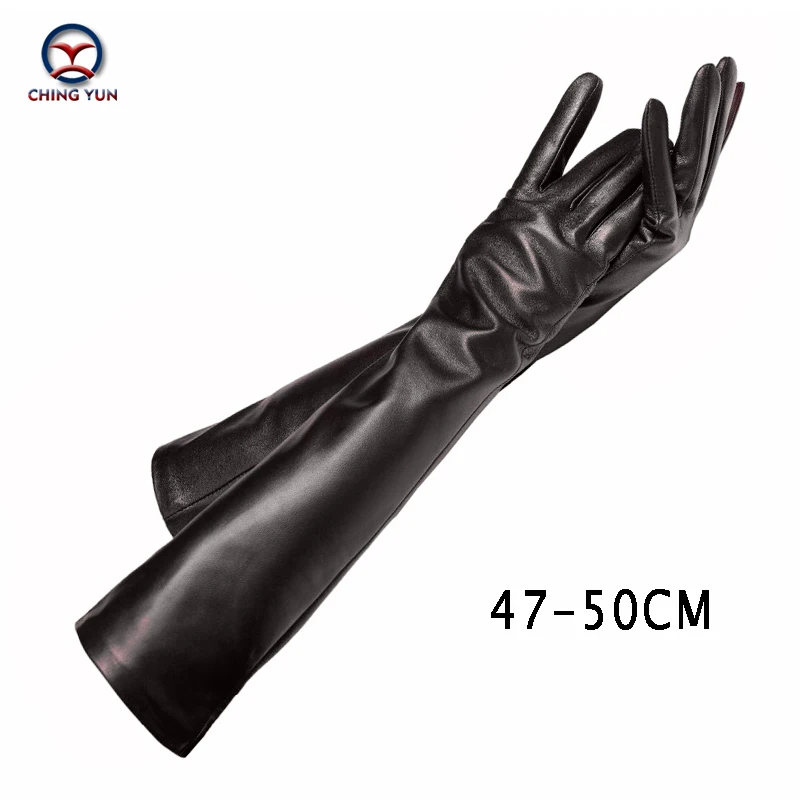 Long glove fashion sheepskin leather black gloves