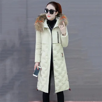 

Women Winter Cotton Jacket High Quality New Fashion Slim Warm Hooded Big Fur Collar parkas winter Female Long Outerwear Coat 725