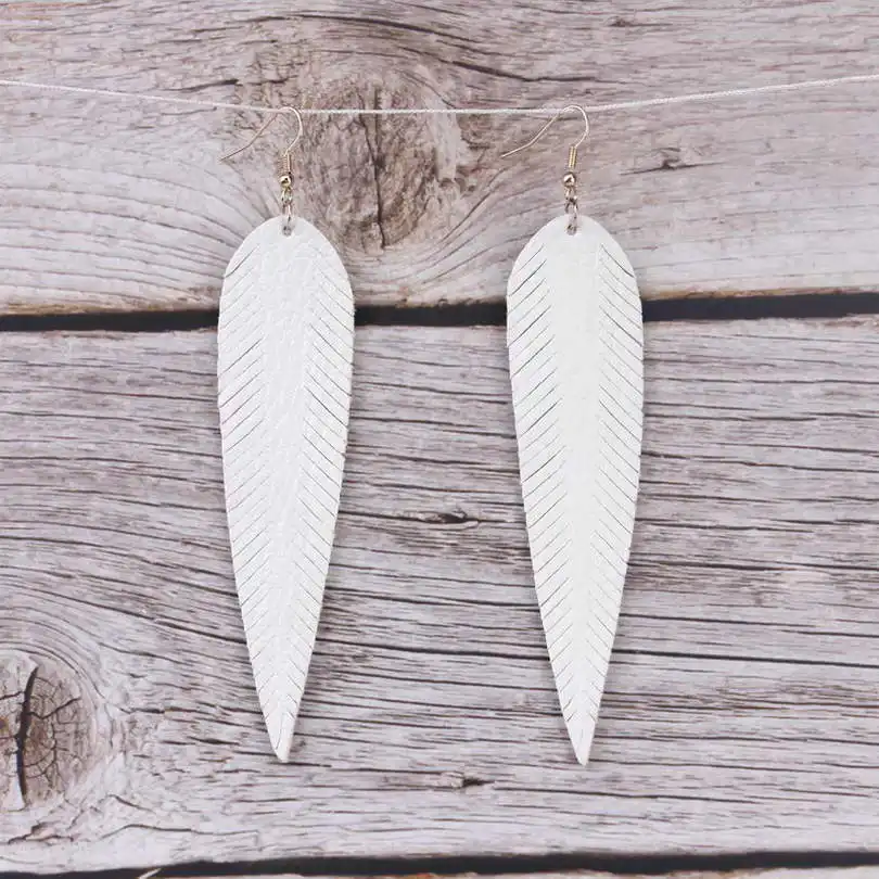 ZWPON удлиненные серьги-капли из натуральной кожи с перьями и листьями для женщин модные дизайнерские ювелирные изделия оптом - Окраска металла: White