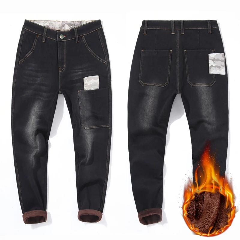

Plus Size 42 44 46 48 Winter Men Warm Jeans Fashion Hip Hop Streetwear Jeans Mens clothes 2018 Denim Trousers Harem Pants Black
