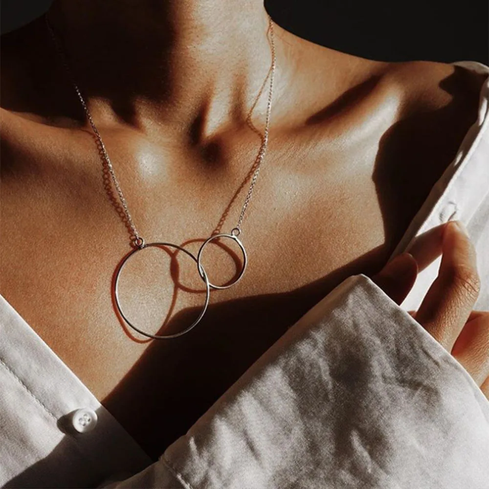

IPARAM Double Circle Interlock Clavicle Short Necklace Big Small Size Gold Silver Round Necklace For Women collares erkek kolye